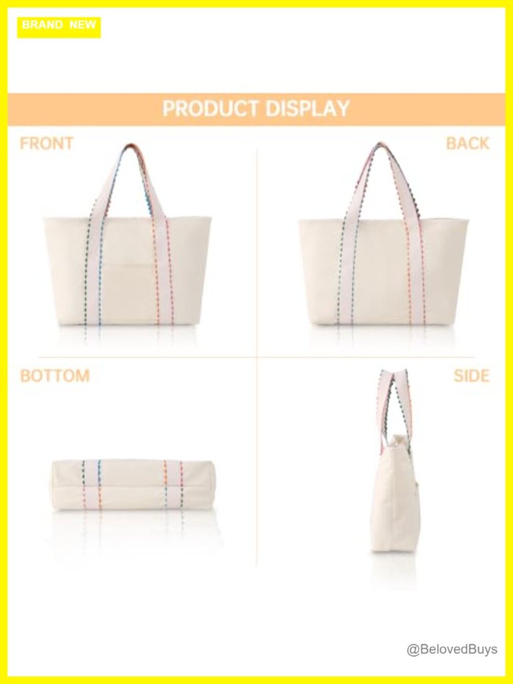Large Cotton Canvas Tote Bag with Rainbow Rick Rack Trim, Magnetic Snap - Picture 5 of 6